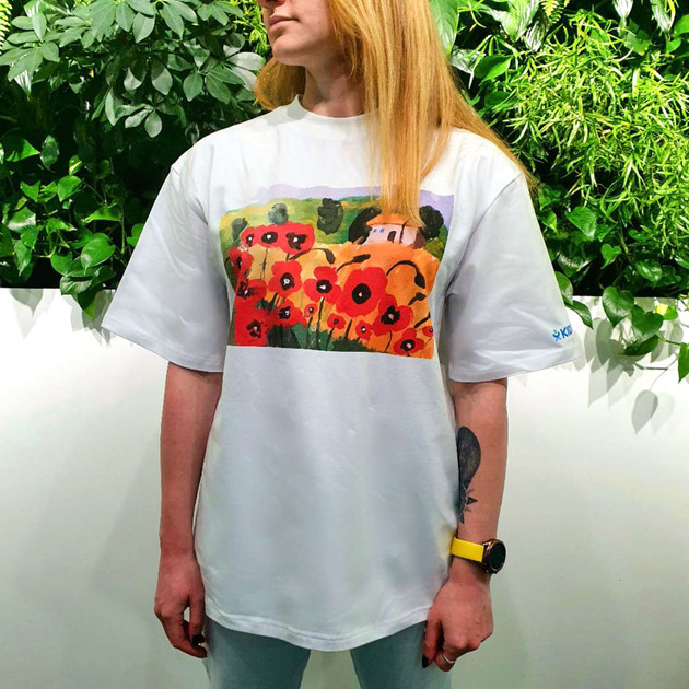 Патріотична футболка колекції Маки", L/XL унісекс оверсайз, біла"