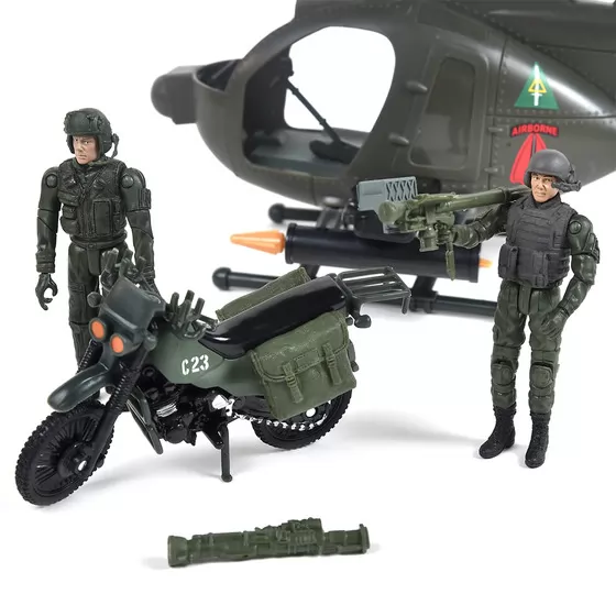 Ігровий набір ELITE FORCE — БАГАТОЦІЛЬОВИЙ ГВИНТОКРИЛ MH-6 (гвинтокрил, мотоцикл, фігурки, аксес.)