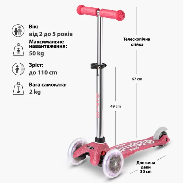 Самокат Micro серії Mini Deluxe Fairy Glitter LED" &ndash; Рожевий"