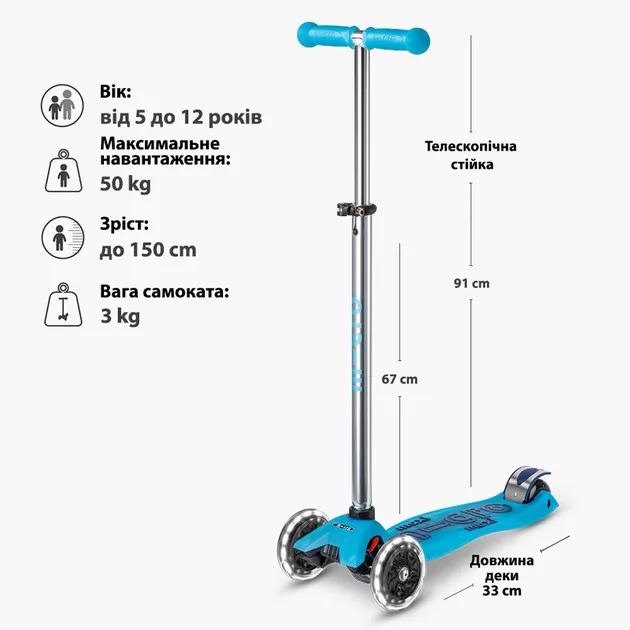 Самокат Micro серії Maxi Deluxe Glow LED" – Синій кришталь"